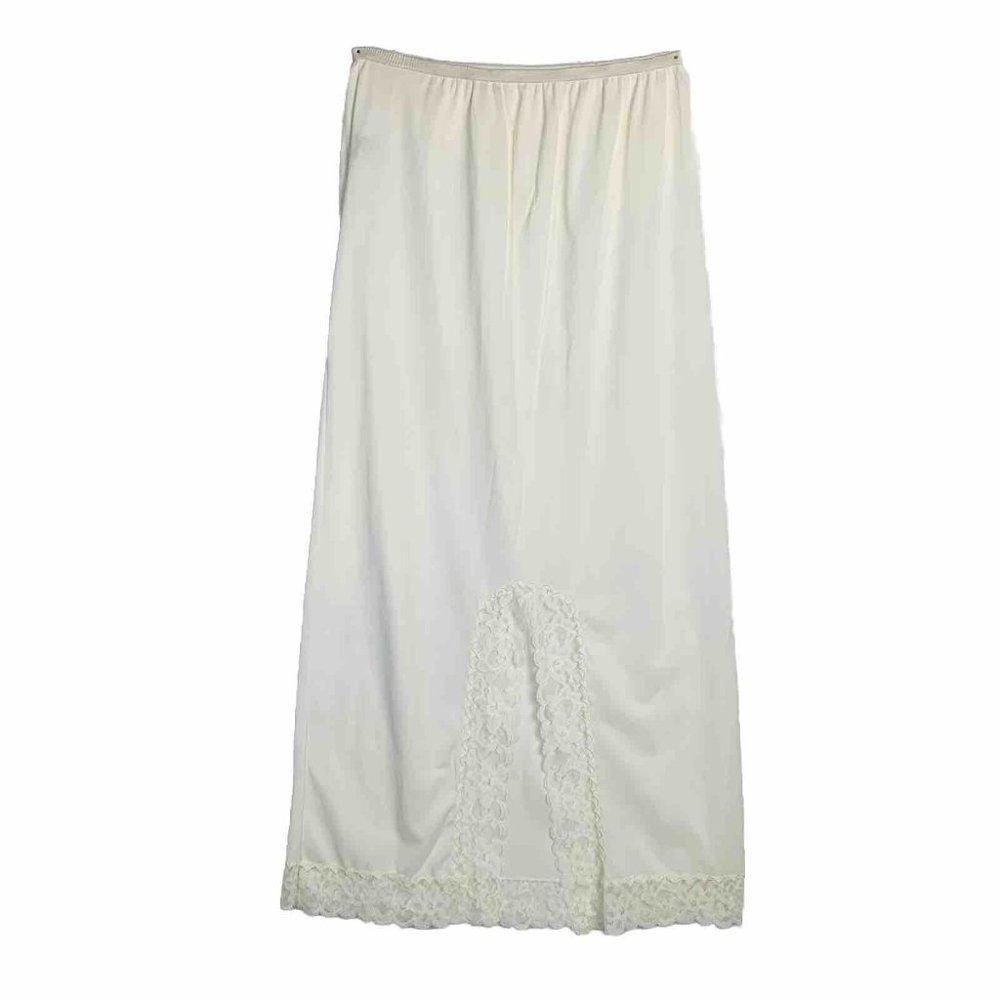 VTG Opalaire USA Long Half Slip Sz M Maxi Ivory Lace Trim Hem Slit Anti Static